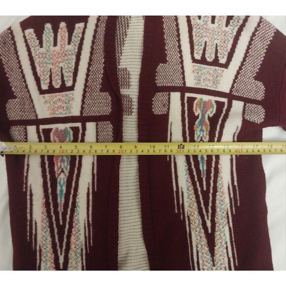 Xhilaration Southwestern Tribal Cardigan Women’s Maroon Open Front Boho Sweater - Picture 6 of 8